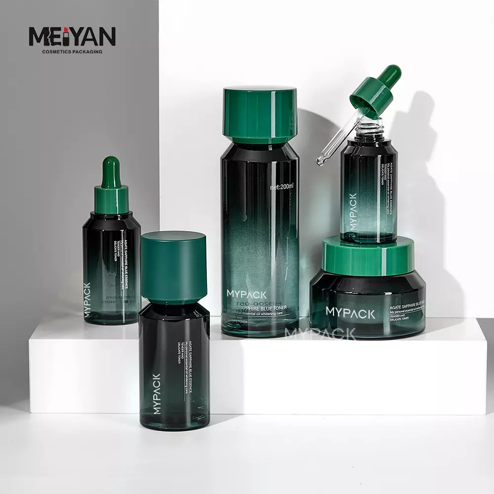 MYPACK gradient green unique slant shoulder thick wall cosmetic jar 50g luxury aesthetic skincare set packaging for face serum