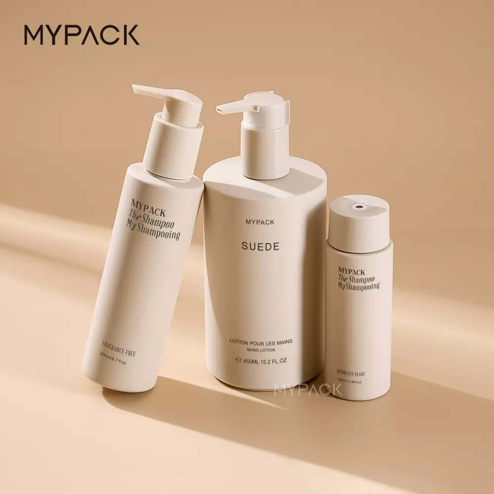 MYPACK recycled soft touch beige hdpe plastic 100ml 200ml 450ml shampoo and conditioner skin care foam lotion pump bottle set