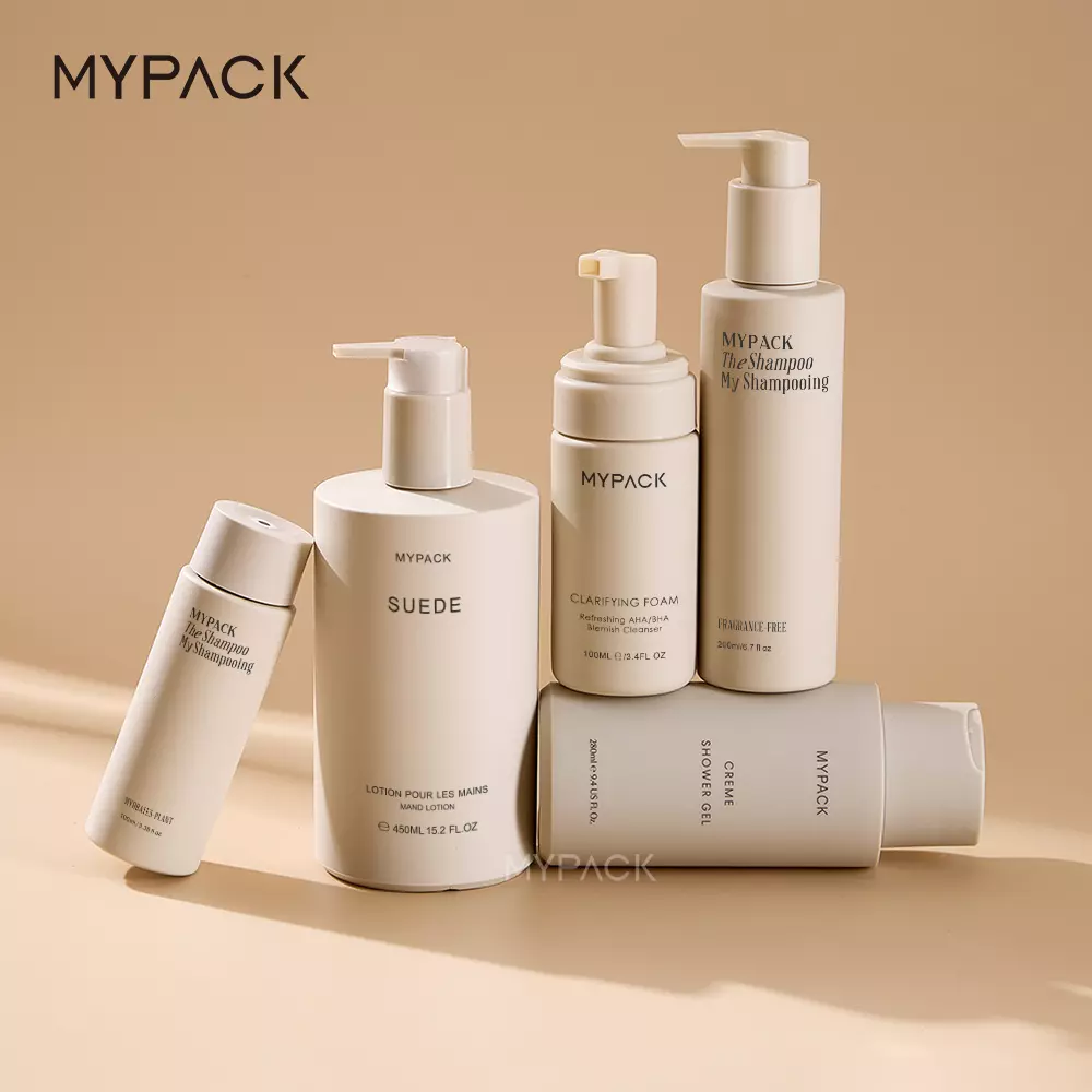 MYPACK recycled soft touch beige hdpe plastic 100ml 200ml 450ml shampoo and conditioner skin care foam lotion pump bottle set