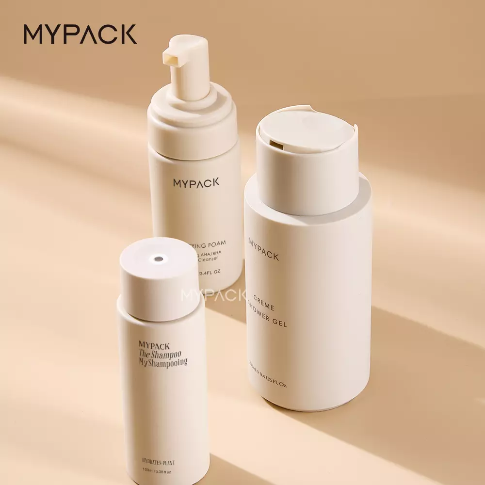 MYPACK recycled soft touch beige hdpe plastic 100ml 200ml 450ml shampoo and conditioner skin care foam lotion pump bottle set