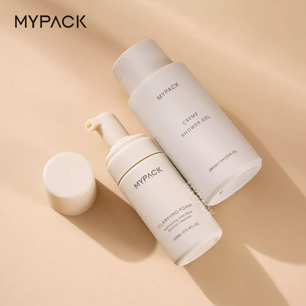 MYPACK recycled soft touch beige hdpe plastic 100ml 200ml 450ml shampoo and conditioner skin care foam lotion pump bottle set