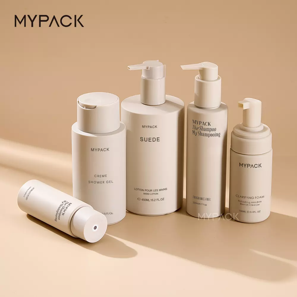 MYPACK recycled soft touch beige hdpe plastic 100ml 200ml 450ml shampoo and conditioner skin care foam lotion pump bottle set