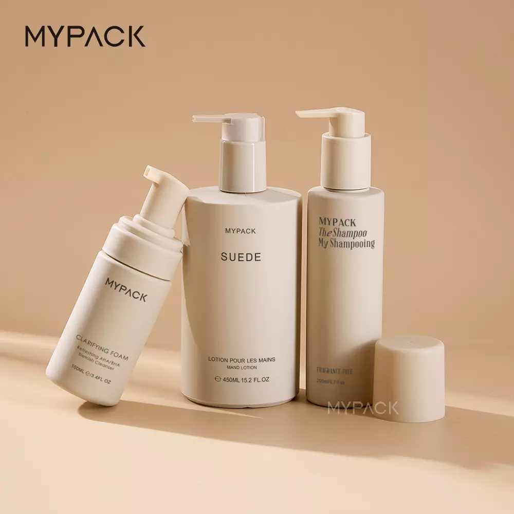 MYPACK recycled soft touch beige hdpe plastic 100ml 200ml 450ml shampoo and conditioner skin care foam lotion pump bottle set